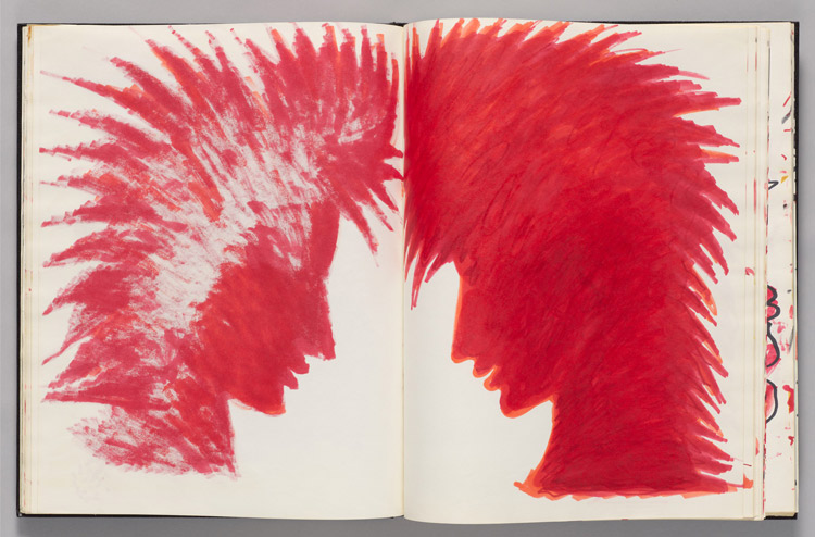 Heads in profile with spiky hair facing one another, red ink sketch and bleed-through from prior page, by Otto Piene